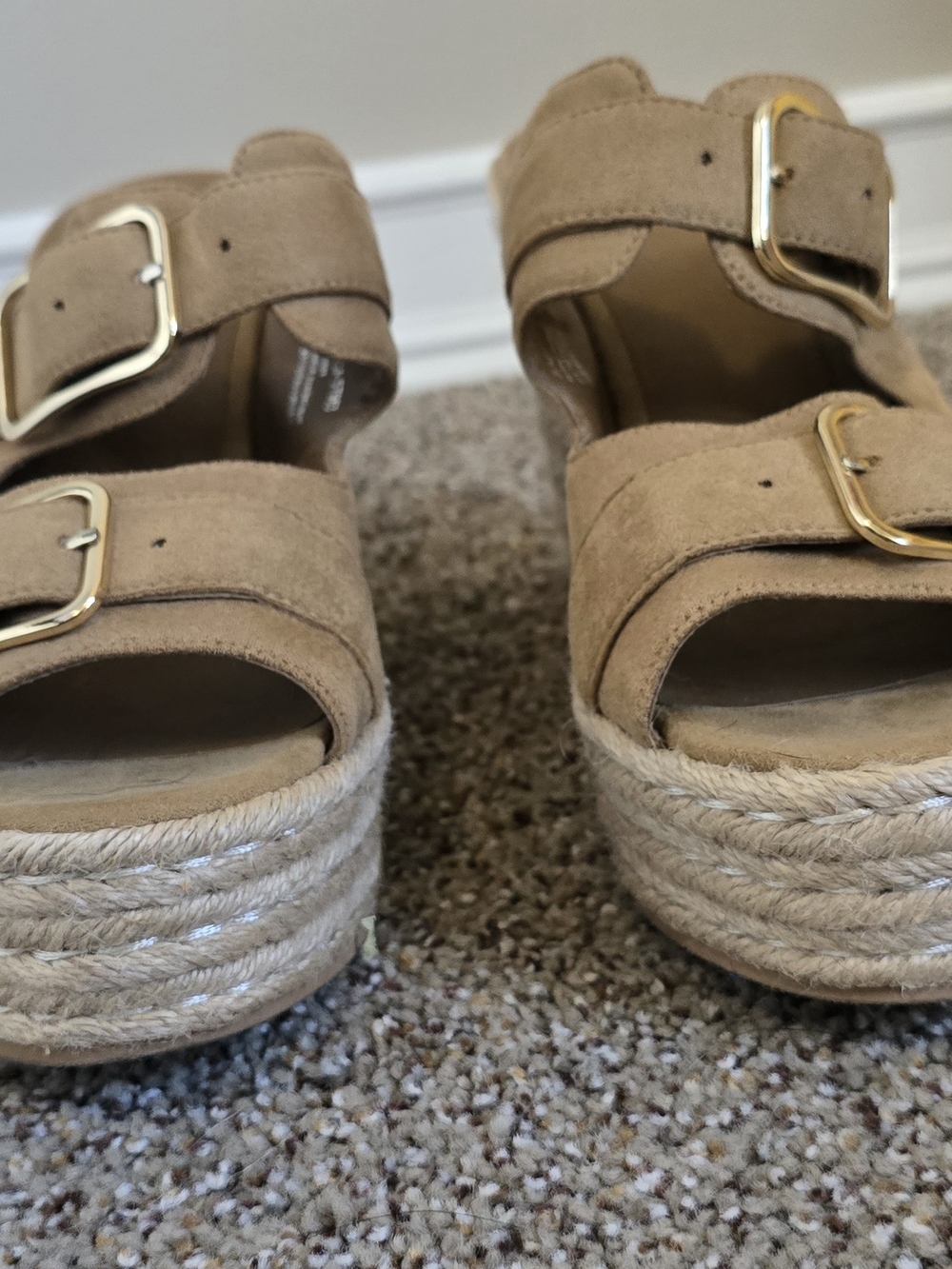 BP. Women's Suede Platform Sandals in Tan with Double Gold Buckle